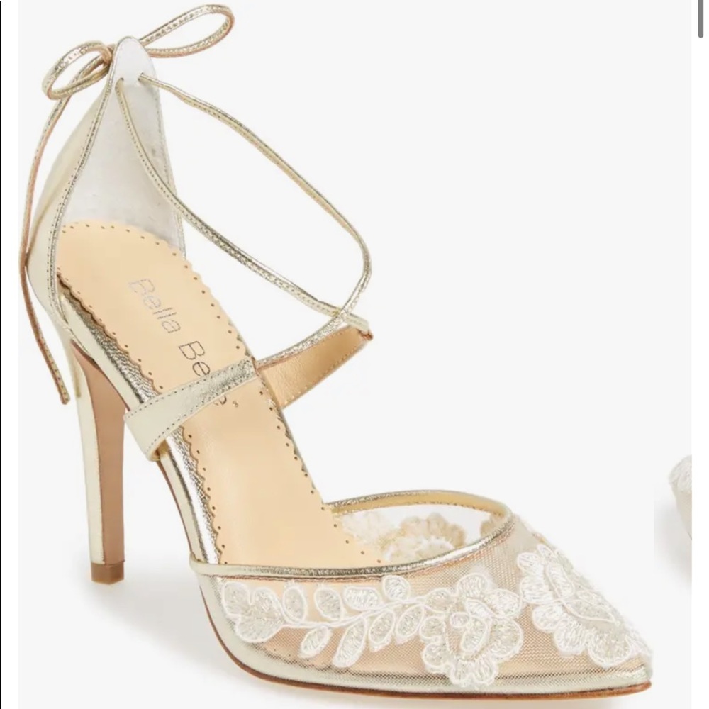 Bella Belle Anita Illusion Lace Gold Cross Strap Pump 8.5